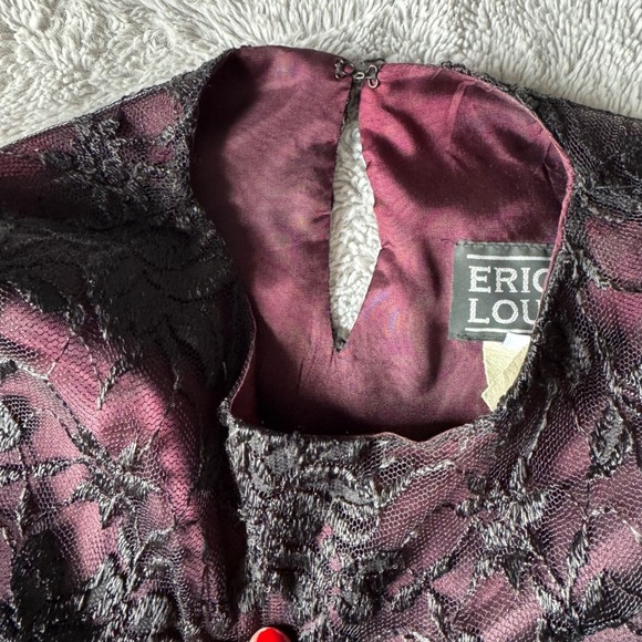 Vintage Erica Louis Lace Blouse M Burgundy Black Floral Sheer Goth Romantic USA - Picture 2 of 7